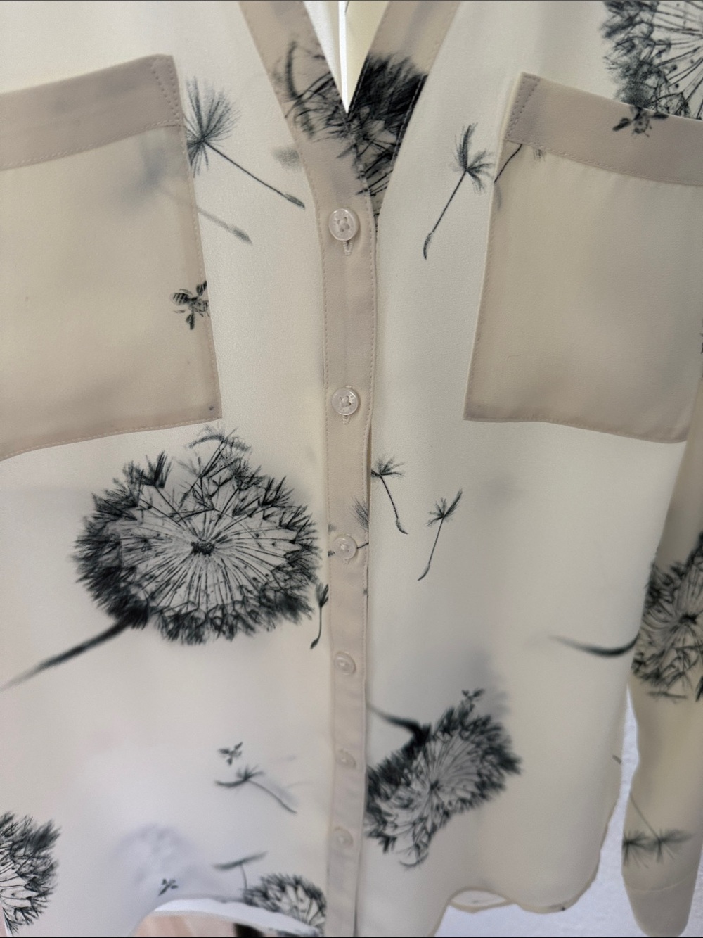 Express Cream Button-Down Portofino Blouse with Black Dandelion Print - Picture 4 of 7